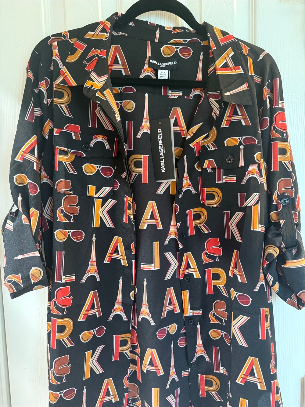 Karl Lagerfeld Black Button-Up Jacket with Red, Orange, Yellow and Cream Motifs